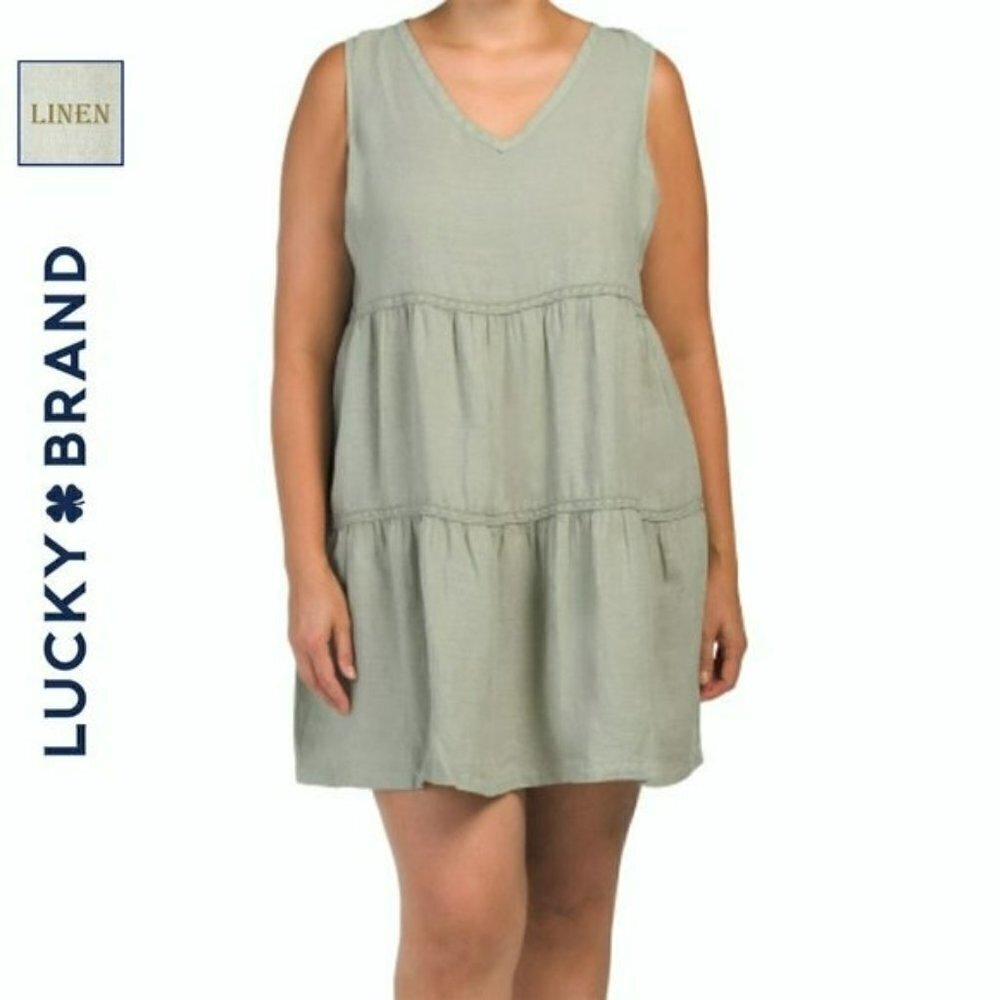 NWT Lucky Brand Plus Linen Sleeveless V-neck Tiered Crochet Trim Mini Dress
